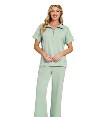 Zenana Outfitters Mint Green Short-Sleeve Zip Collar Jumpsuit Set